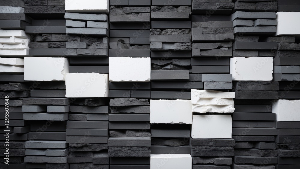 Poster artistic arrangement of black white and gray bricks creating a modern textured wall design suitable 