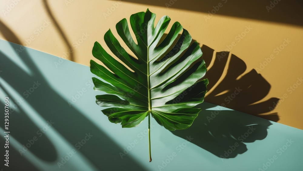 Poster exotic leaf casting shadow on split color background in artistic natural still life composition