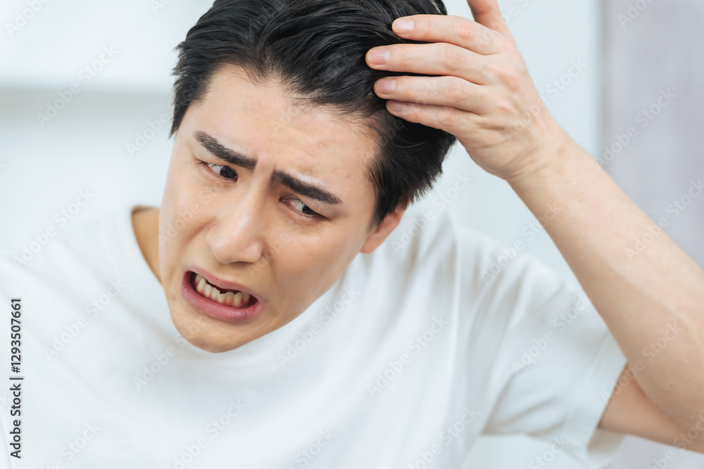 Fototapete AGA、薄毛、抜け毛、ニキビ、おでこ、生え際、男性、はげ、チェック、育毛、ヘアケア、治療、後退、脱毛、脱毛症、男性ホルモン、M字、ヘアサイクル、DHT、クリニック、スキンケア、ニキビケア、アクネケア、悩み、悩む、困る、トラブル、問題、肌荒れ、メンズ、エステ、日本人、ストレス、ライフスタイル、美容、ビューティー、美肌、美顔、セルフケア、お手入れ、確認、若い、若ハゲ、気になる、心配、不安、不満、フェイ