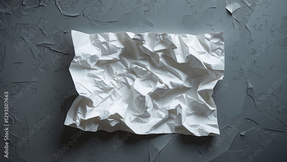 Aufkleber Crumpled white paper sheet on textured gray background creating an artistic and minimalistic design for various creative projects.
