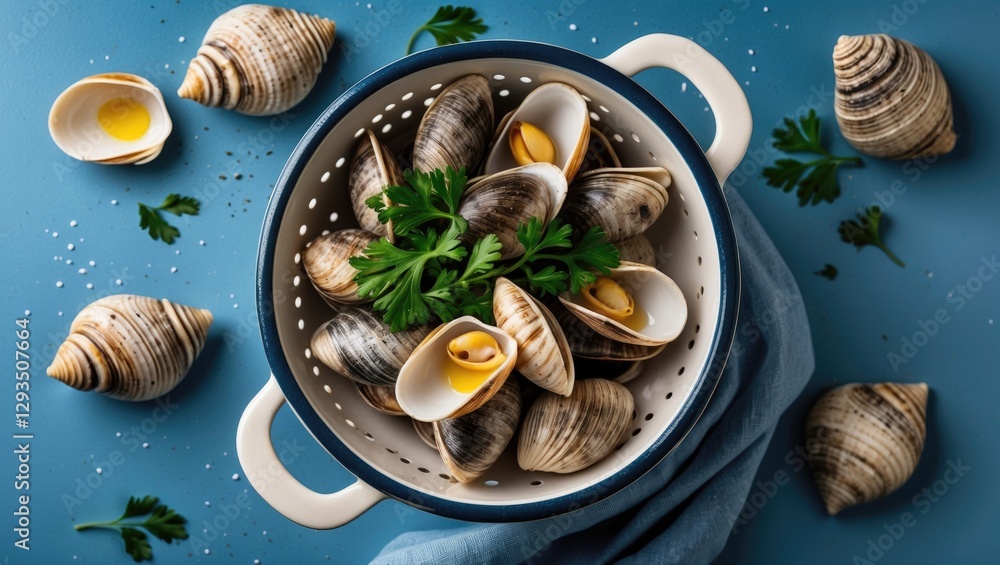 Aufkleber Fresh Shells Vongole with Parsley in a Ceramic Colander on a Blue Surface Culinary Presentation with Space for Text or Branding