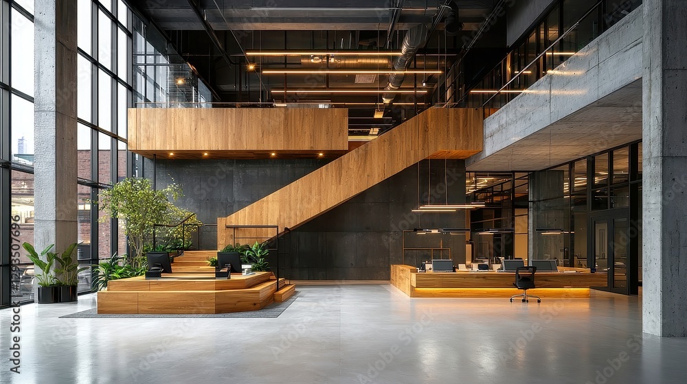 Poster modern open-concept office design emphasizes collaboration and teamwork, featuring sleek multi-funct