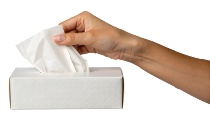 Hand pulling tissue out of box isolated on white