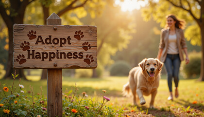 Woman walking with golden retriever next to "Adopt Happiness" sign for animal shelter websites and dog rescue event promotion