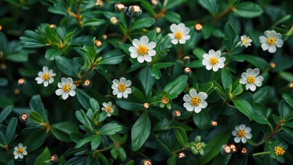Delicate white flowers blooming among lush green foliage in a vibrant garden setting.