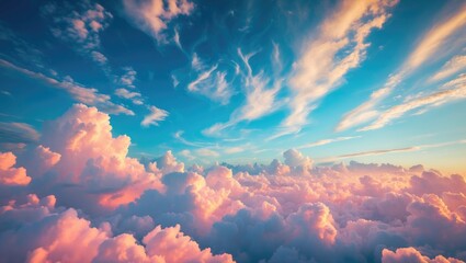 Dreamy sky with soft pink clouds against a bright blue backdrop during sunset creating a serene and tranquil atmosphere for backgrounds.