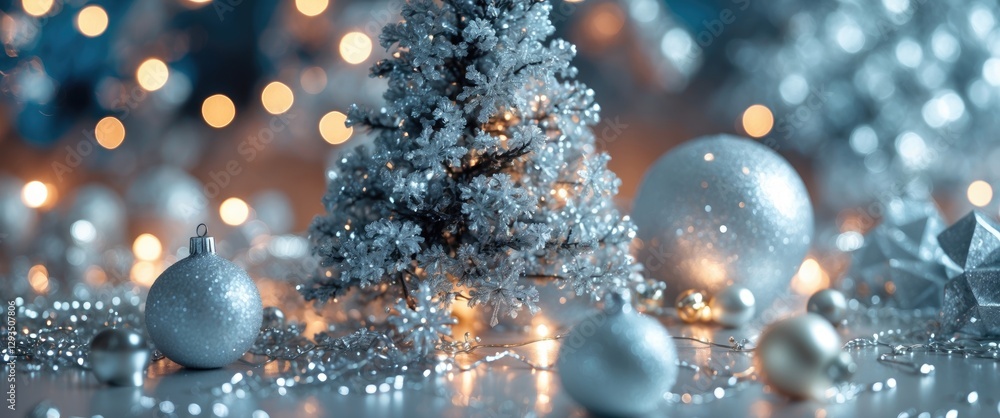 Poster Elegant Silver Christmas Decor with Glittering Ornaments and Sparkling Tree Against a Soft Bokeh Background