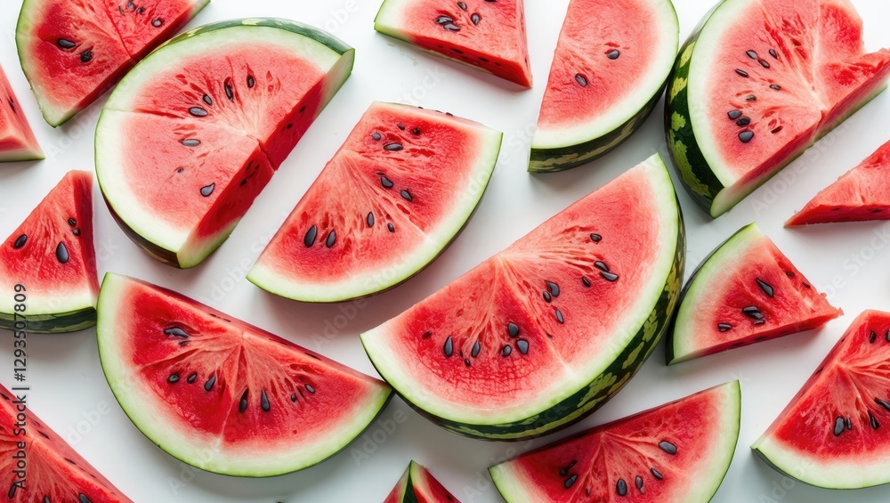 Poster Fresh Watermelon Slices Displayed on White Background with Space for Text or Branding Ideal for Summer Food Promotions and Recipes