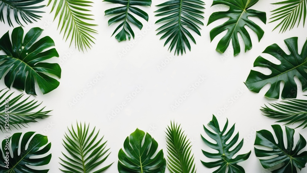 Poster tropical leaves frame on white background for creative design and text placement