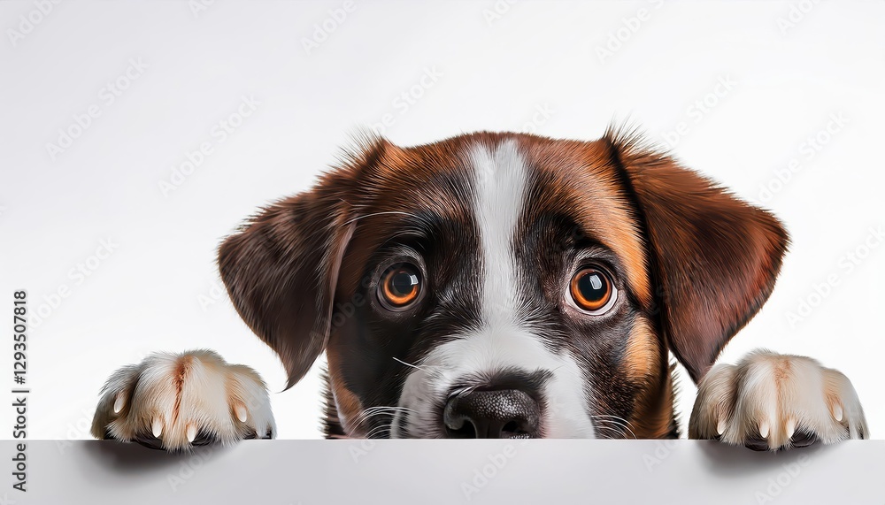 Poster playful pups gazing from behind a white web banner, creating an adorable contrast of fur and lightne
