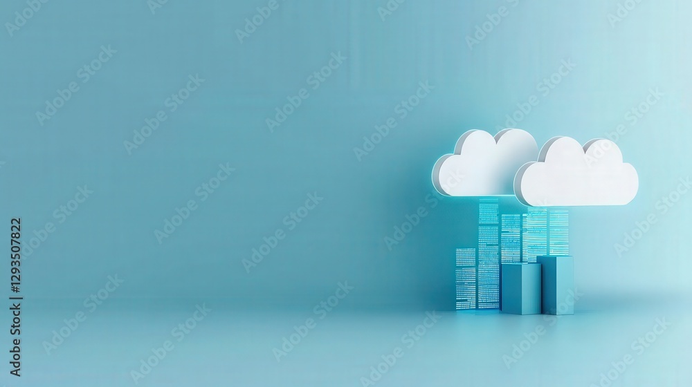 Poster marketing automation workflow performance concept. digital cloud concept with buildings and blue bac