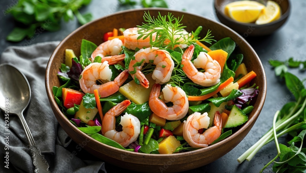 Poster fresh shrimp salad with colorful vegetables and greens in a wooden bowl with copy space for text or 