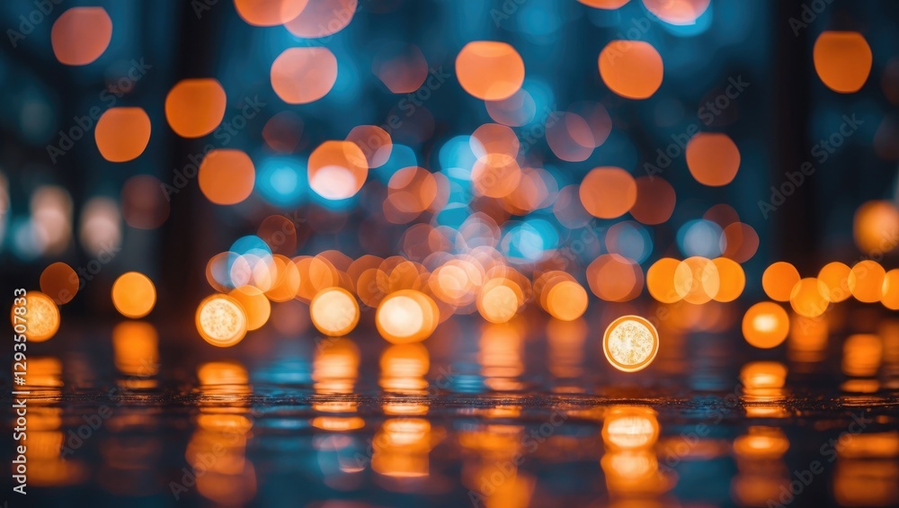 Poster vibrant orange bokeh abstract lights reflecting on a wet surface creating a dreamy and atmospheric b