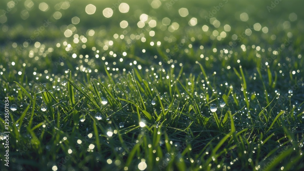 Aufkleber Refreshing Morning Dew Drops on Lush Green Grass with Soft Bokeh Background and Blank Space for Text or Messages