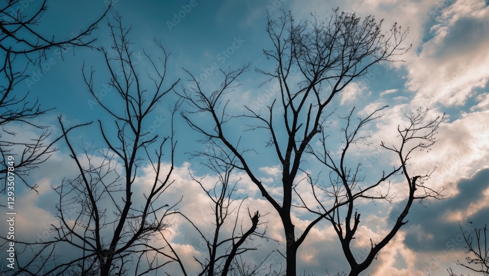 Aufkleber Silhouette of barren tree branches against a dramatic sky with clouds creating a moody and atmospheric landscape scene.