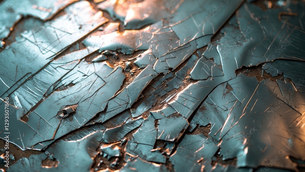 Aufkleber Close up of a scratched silver metal sheet showcasing intricate textures and patterns illuminated by soft lighting for artistic backgrounds.