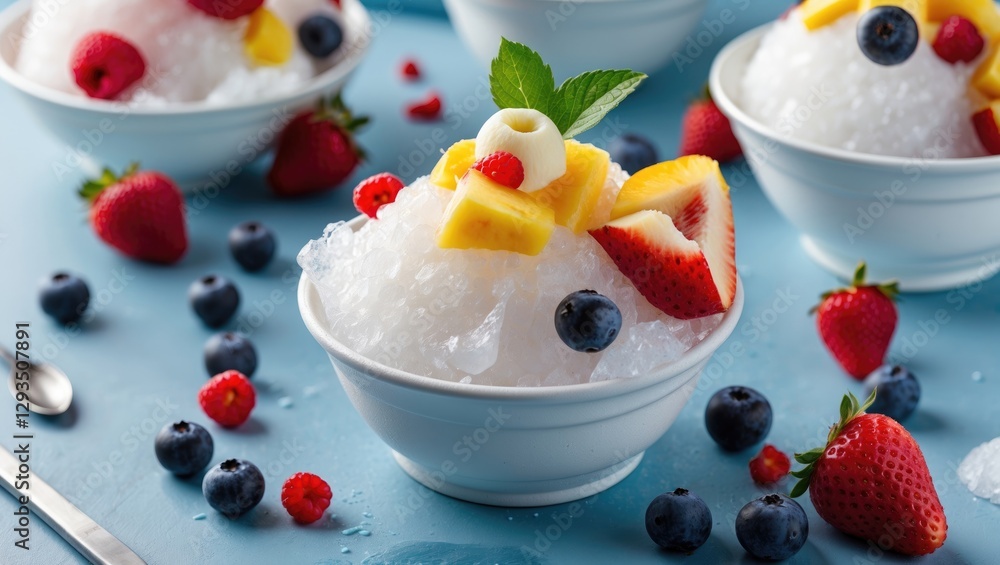 Poster Refreshing Shaved Ice Dessert Topped with Fresh Fruits and Berries in Bowls on a Blue Background with Space for Text