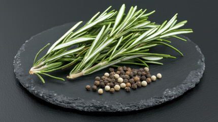 Fresh rosemary sprigs and mixed peppercorns on slate plate, perfect for culinary use