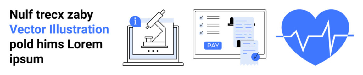 Microscope on laptop screen, digital payment receipt, and heart health symbol. Ideal for science, education, medical research, e-payment, technology, healthcare abstract line flat metaphor