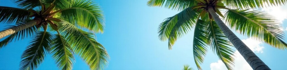 Majestic palms reach for azure sky, sunlit leaves, palm tree, vegetation
