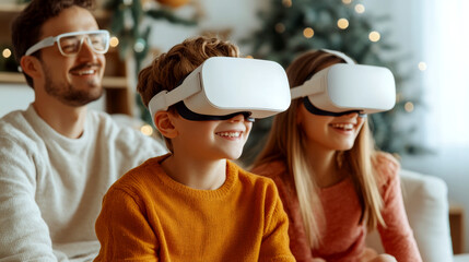 Three people are using virtual reality headsets in a cozy room. Concept of family enjoying immersive technology together. For technology or family activities photo.
