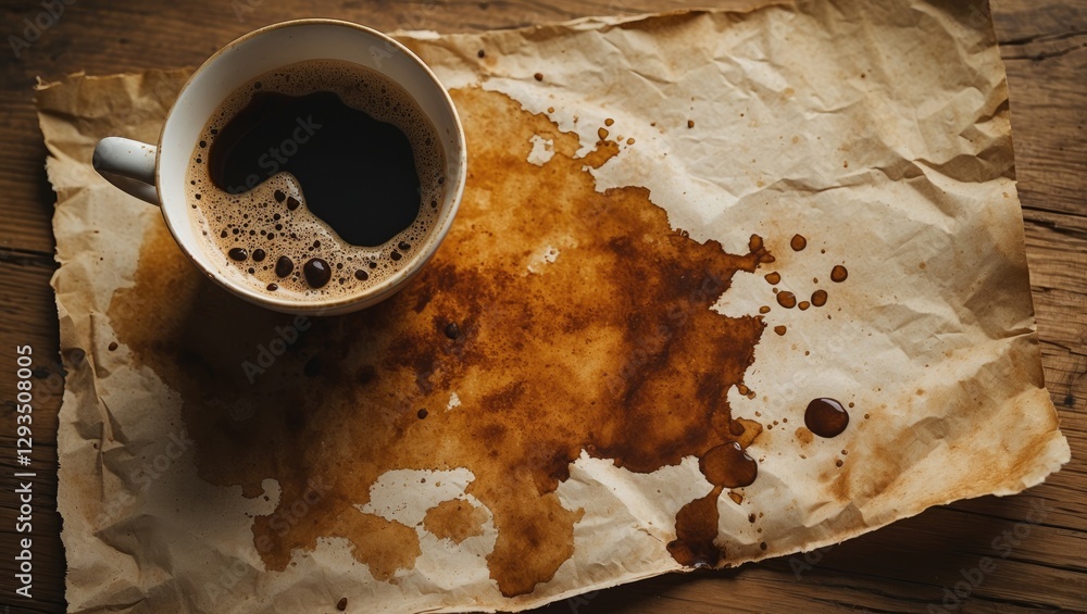 Aufkleber coffee-stained old paper with a cup revealing rustic charm and vintage aesthetics for creative conce