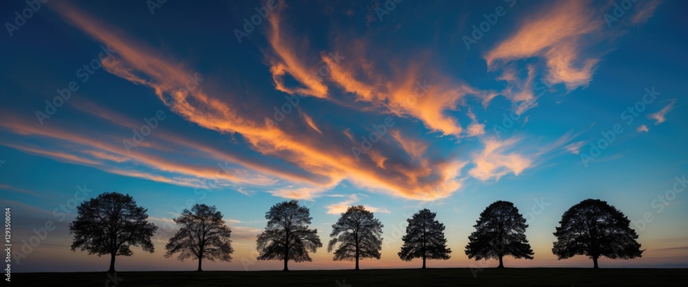 Poster silhouetted trees against vibrant sunset sky with clouds and copy space for text in a serene nature 