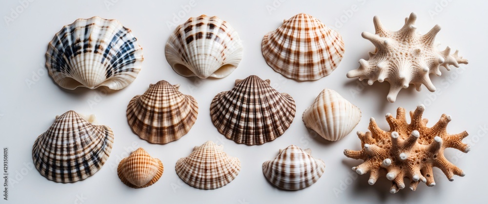 Poster collection of unique exotic sea shells and coral specimens displayed on a clean white background for