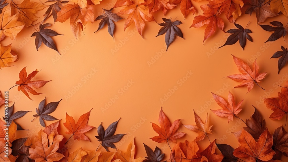 Poster autumn leaves arranged on a vibrant orange background in a flatlay style creating a seasonal aesthet