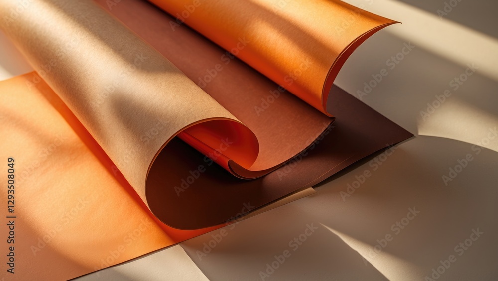 Poster curved layers of orange and brown paper with soft light and shadows creating an abstract background 