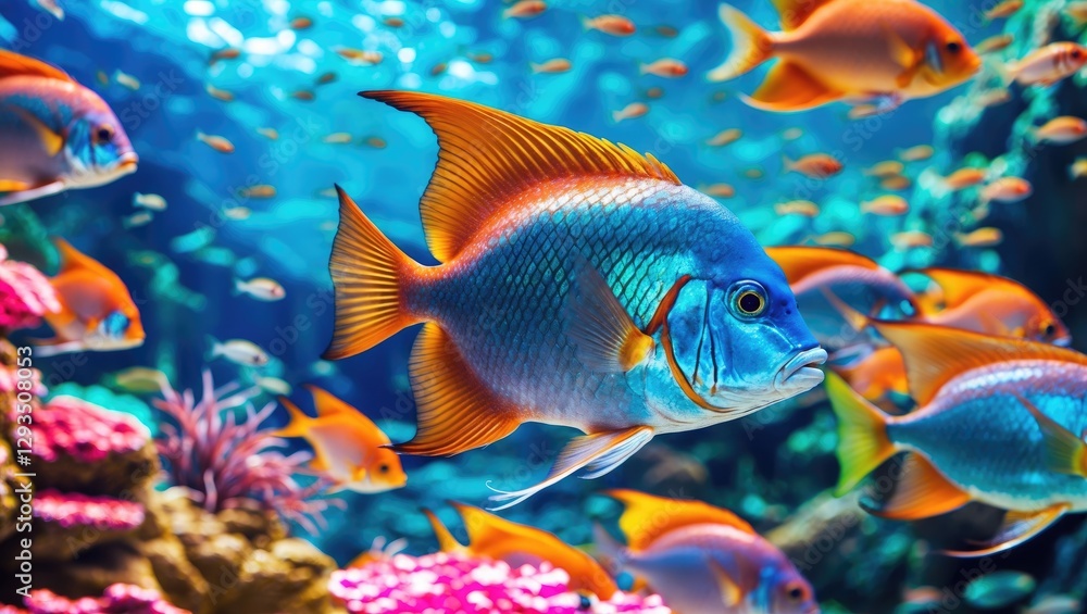 Poster vibrant shoal of colorful tropical fish in coral reef setting with clear space for text overlay