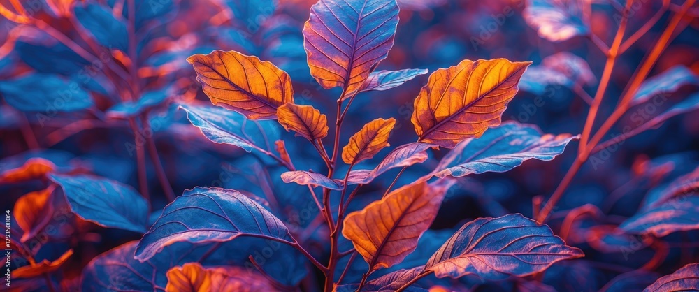 Poster vibrant close-up of ethereal skeleton leaves with rich orange and blue hues creating a striking bota