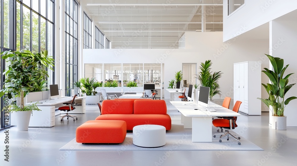 Poster collaborative modern office, a dynamic workspace designed for teamwork and adaptability, features sl
