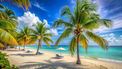Fototapeta premium Tropical Beach with Palm Trees and Relaxing Lounge Chairs in Sunlight