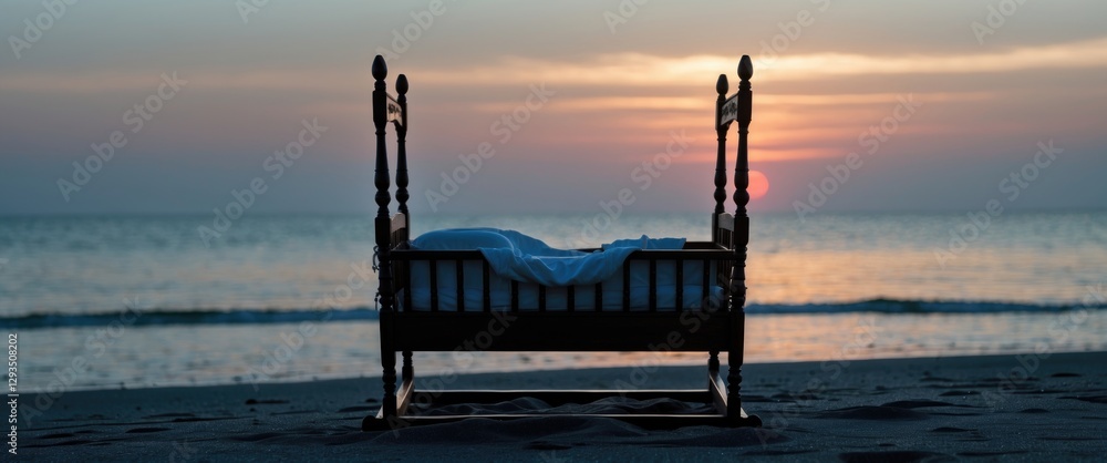 Poster serene beach cradle silhouette at sunset tranquil scene with copy space for text