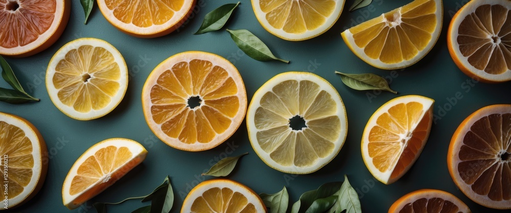 Poster vibrant citrus fruit slices laid out on green background with lush leaves and space for text or desi