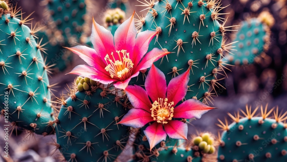 Poster prickly pear cactus with vibrant pink flowers and spine details in a natural setting ideal for text 