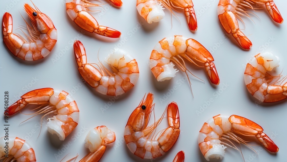 Aufkleber Fresh Shrimp Arrangement on White Background with Copy Space for Culinary Text or Menu Design