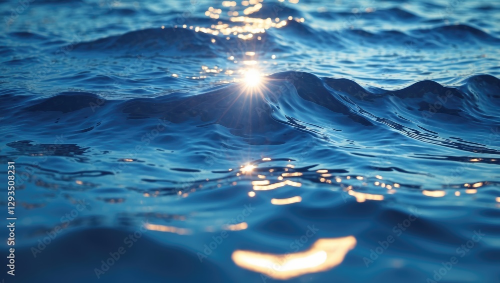 Poster Gentle ripples on blue water surface with sunlight reflections creating a calming and serene natural background for various uses.