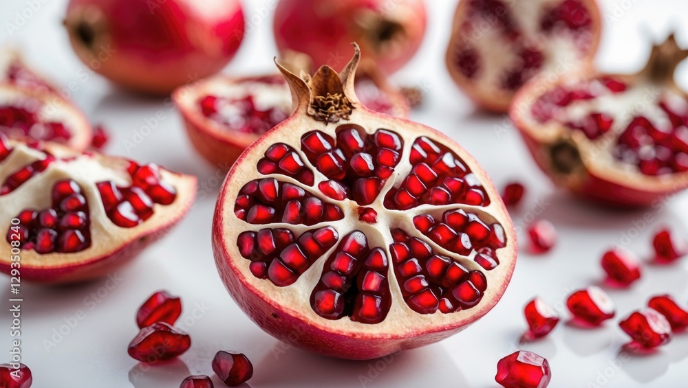 Poster pomegranate seeds displayed on white surface with halved fruit showcasing juicy red arils in a close