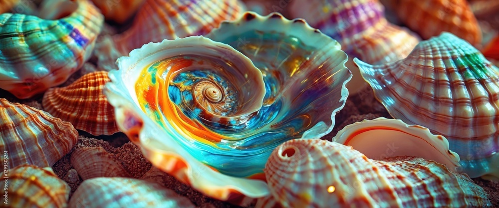 Poster Vibrant seashells with intricate textures and colors displayed on sandy surface creating a serene beach atmosphere for coastal themes.