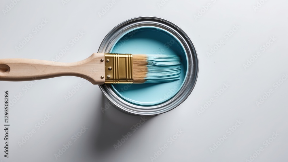 Poster top view of a paint can with a brush in blue paint on a clean white background for home improvement 