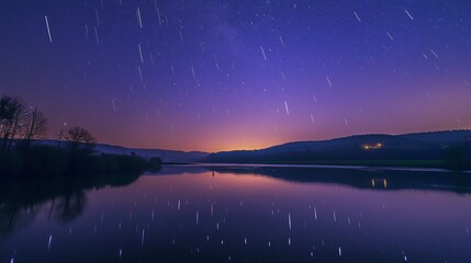 A tranquil river reflecting a sky full of shooting star