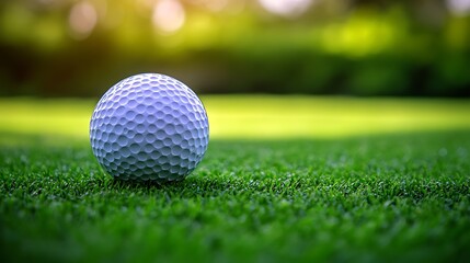 Naklejka premium Golf ball on green course sunset