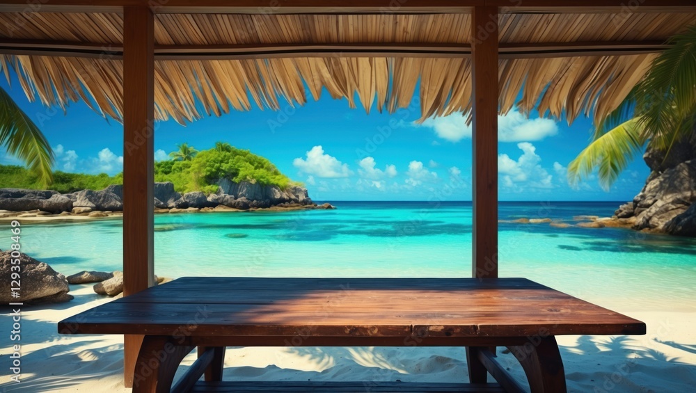 Poster tropical beach scene with empty wooden table under a thatched roof inviting product display on a sun