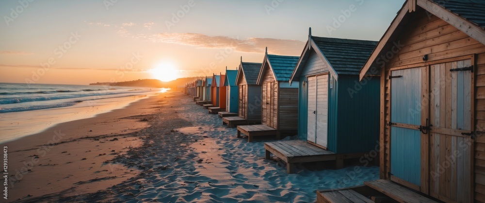 Poster sunrise over beach huts creating a serene coastal landscape with gentle waves and soft light enhanci