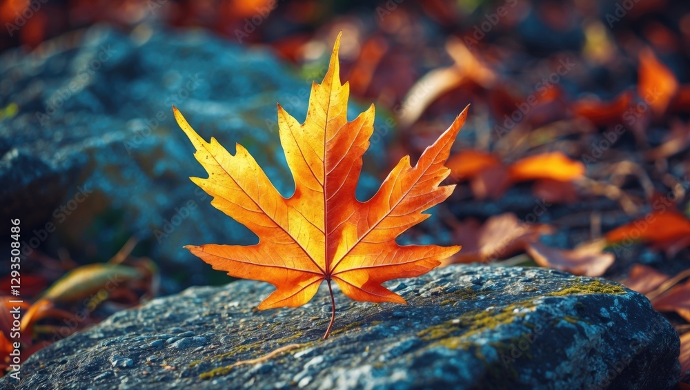 Aufkleber Vibrant autumn leaf resting on a textured rock surrounded by blurred fall foliage in a serene natural setting.