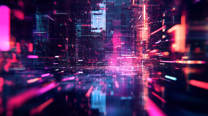 Obraz premium Abstract digital cityscape neon lights glowing pink purple futuristic technology background art data