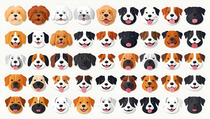 Obraz premium A playful assortment of cartoon dog portraits in vector format. Showcasing a variety of breeds with distinct expressions, cute muzzles, and friendly pet profile icons. Ideal for stickers, logos, and d