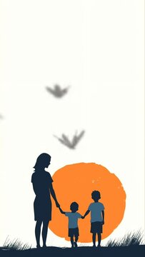 Silhouette von Mutter und Sohn mit Sonnenuntergang und Liebesanimationshintergrund. um den Muttertag zu feiern. sich wiederholendes Animationsmaterial